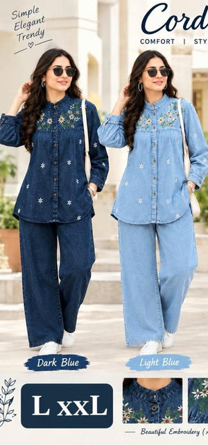 Amrah Wholesale Tlc Vol 191 Denim Floral Embroidered Fancy Co Ord Set