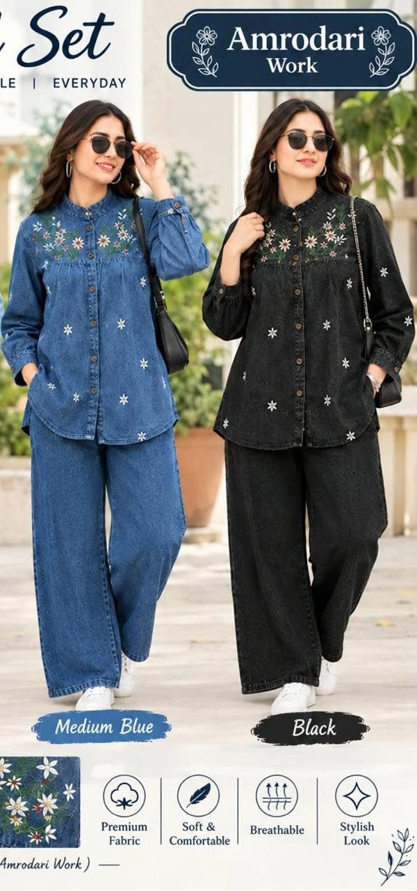 Amrah Wholesale Tlc Vol 191 Denim Floral Embroidered Fancy Co Ord Set