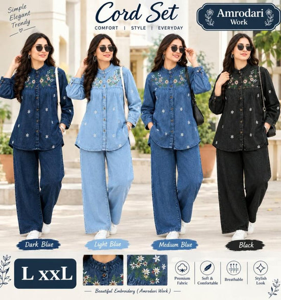 Amrah Wholesale Tlc Vol 191 Denim Floral Embroidered Fancy Co Ord Set