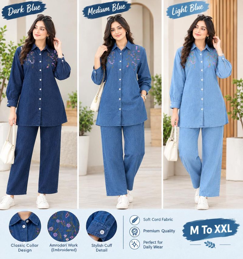 Amrah Wholesale Tlc Vol 211 Denim Floral Embroidered Co Ord Set