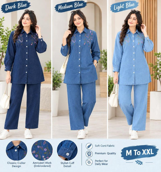 Amrah Wholesale Tlc Vol 211 Denim Floral Embroidered Co Ord Set