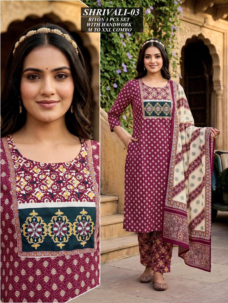 Amrah Wholesale Tlc Vol 46 Rayon Handwork Suit Set - Amrah Wholesale