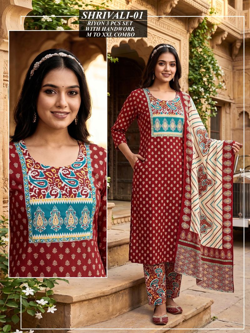 Amrah Wholesale Tlc Vol 46 Rayon Handwork Suit Set - Amrah Wholesale