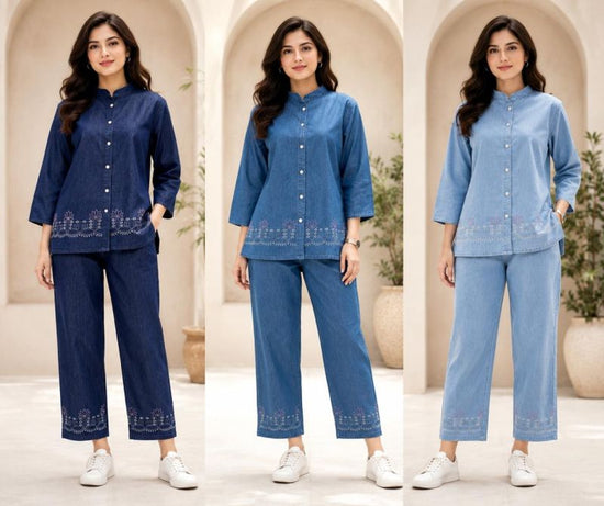 Amrah Wholesale Tlc Vol 55 Premium Denim Embroidered Co-Ord Set - Amrah Wholesale