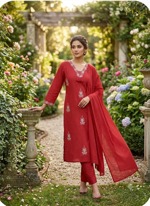 Amrah Wholesale TLC Vol 57 Plus Size Cotton Embroidered Kurti Pant Dupatta Set - Amrah Wholesale