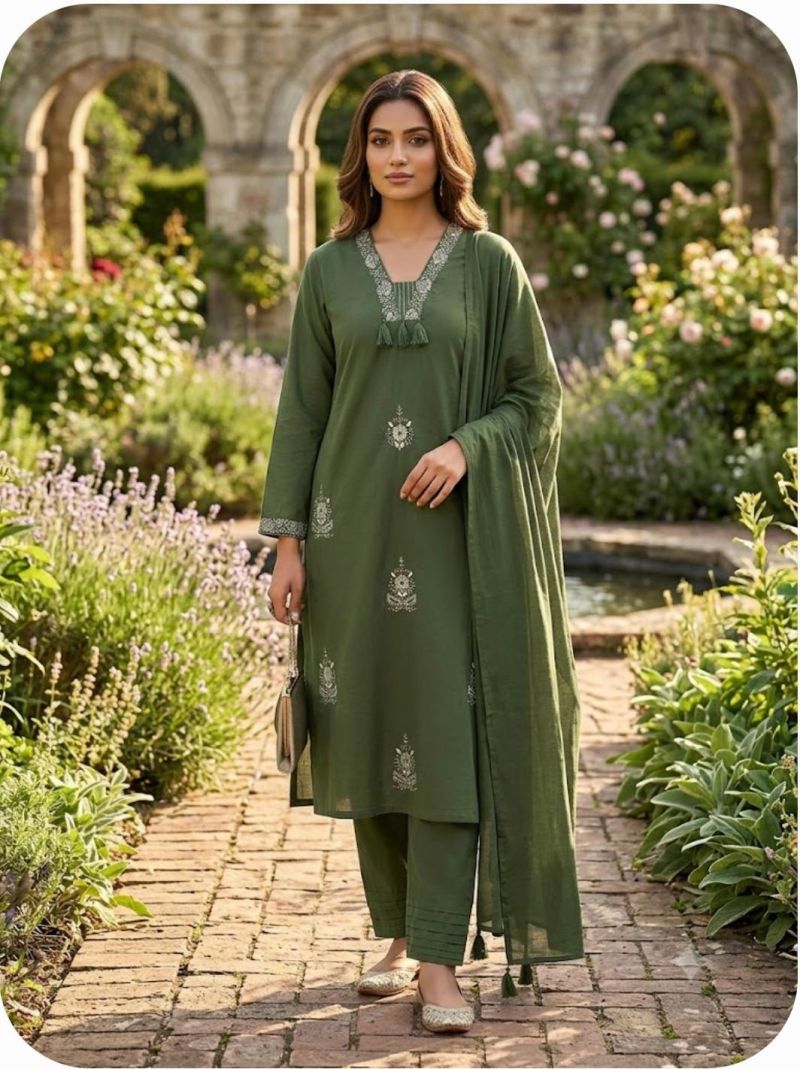 Amrah Wholesale TLC Vol 57 Plus Size Cotton Embroidered Kurti Pant Dupatta Set - Amrah Wholesale