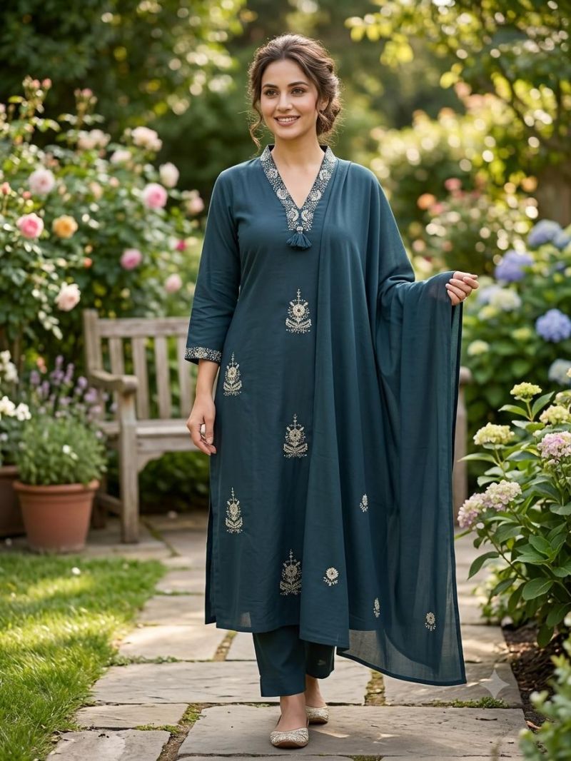 Amrah Wholesale TLC Vol 57 Plus Size Cotton Embroidered Kurti Pant Dupatta Set - Amrah Wholesale
