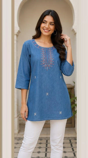 Amrah Wholesale Tlc Vol 60 Premium Denim Embroidered Short Kurti - Amrah Wholesale