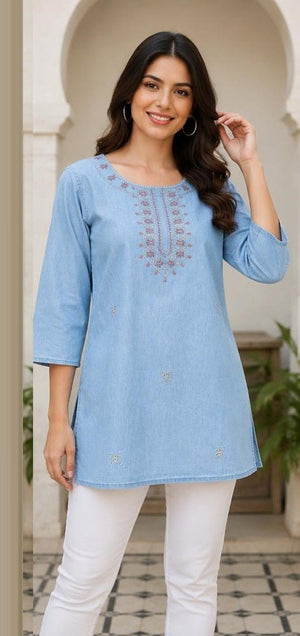 Amrah Wholesale Tlc Vol 60 Premium Denim Embroidered Short Kurti - Amrah Wholesale