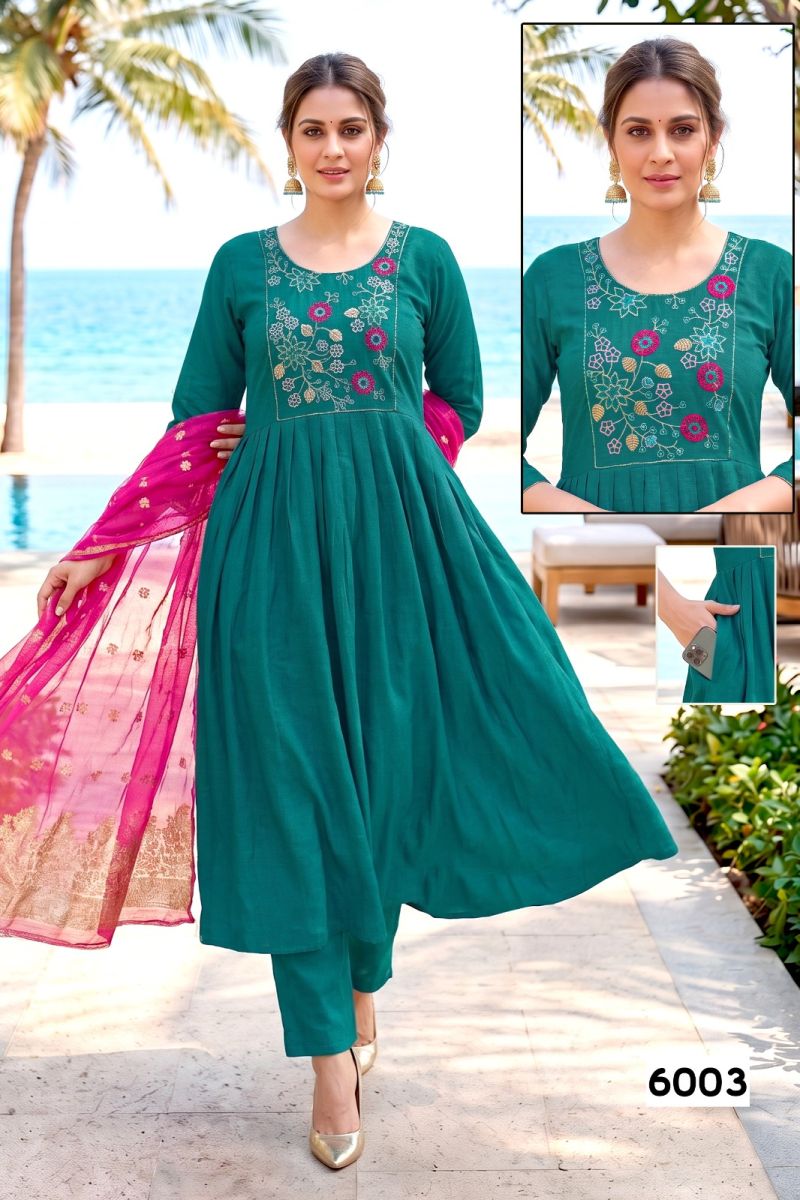 Amrah Wholesale Trisha D No 6001 To 08 Roman Silk Embroidered Kurti Pant Dupatta Set