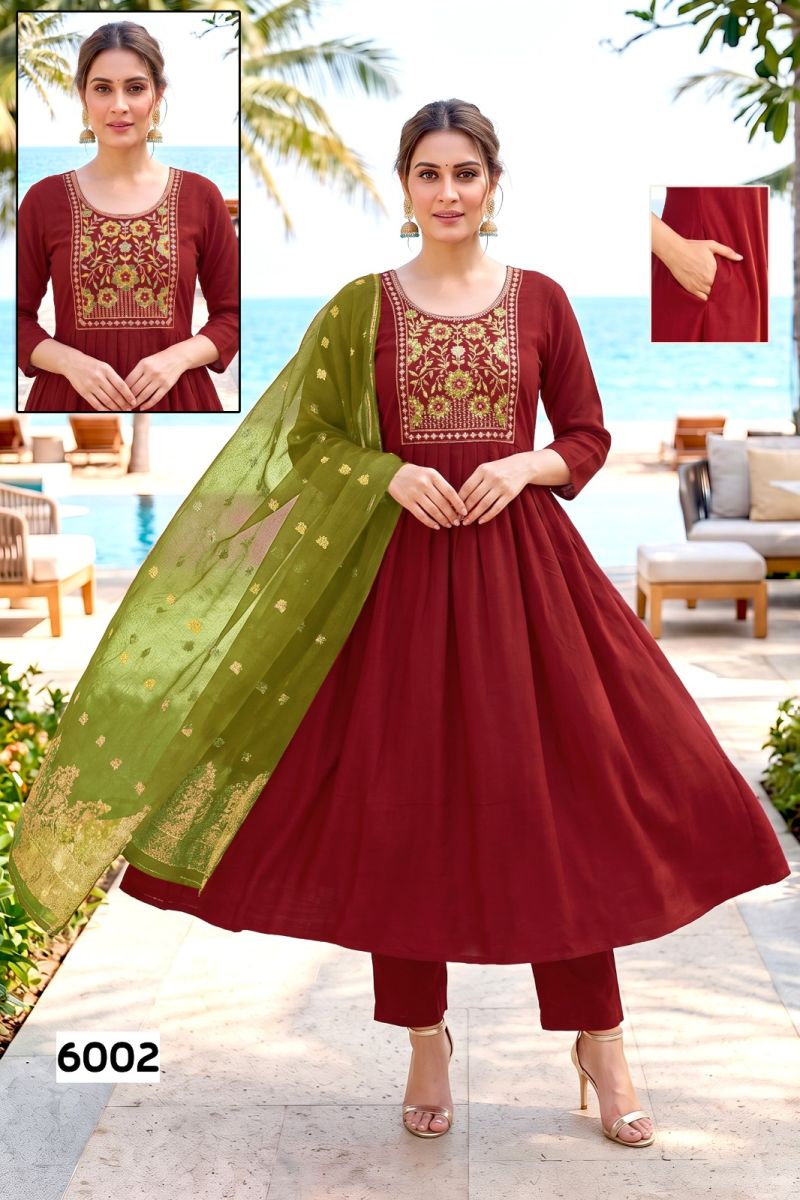 Amrah Wholesale Trisha D No 6001 To 08 Roman Silk Embroidered Kurti Pant Dupatta Set