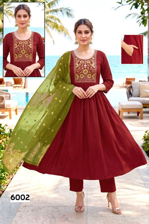 Amrah Wholesale Trisha D No 6001 To 08 Roman Silk Embroidered Kurti Pant Dupatta Set