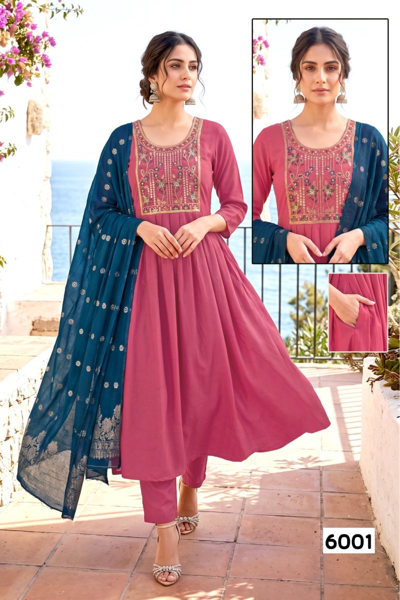 Amrah Wholesale Trisha D No 6001 To 08 Roman Silk Embroidered Kurti Pant Dupatta Set