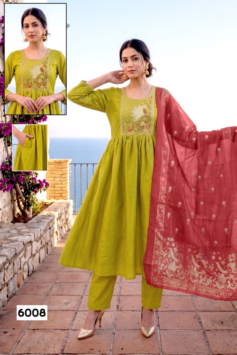 Amrah Wholesale Trisha D No 6001 To 08 Roman Silk Embroidered Kurti Pant Dupatta Set