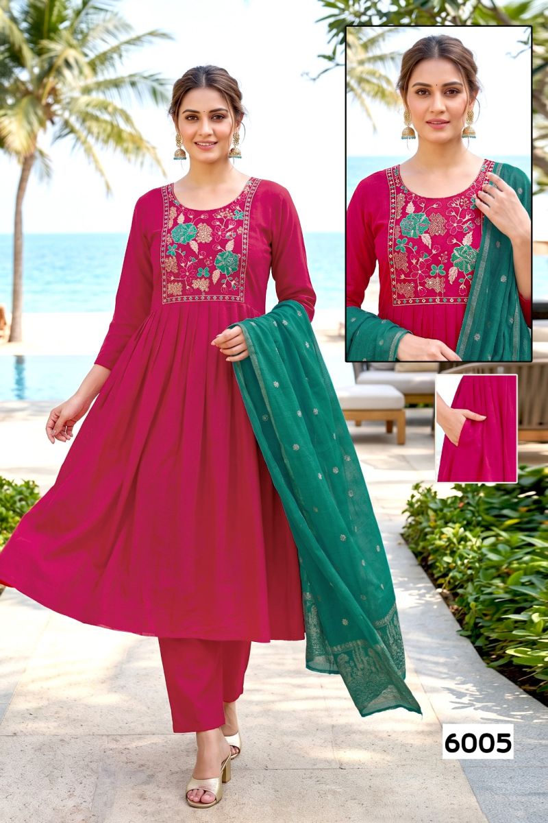 Amrah Wholesale Trisha D No 6001 To 08 Roman Silk Embroidered Kurti Pant Dupatta Set
