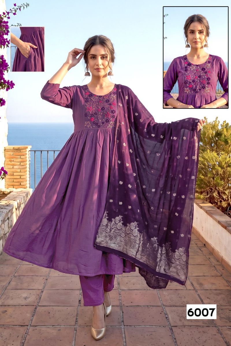 Amrah Wholesale Trisha D No 6001 To 08 Roman Silk Embroidered Kurti Pant Dupatta Set