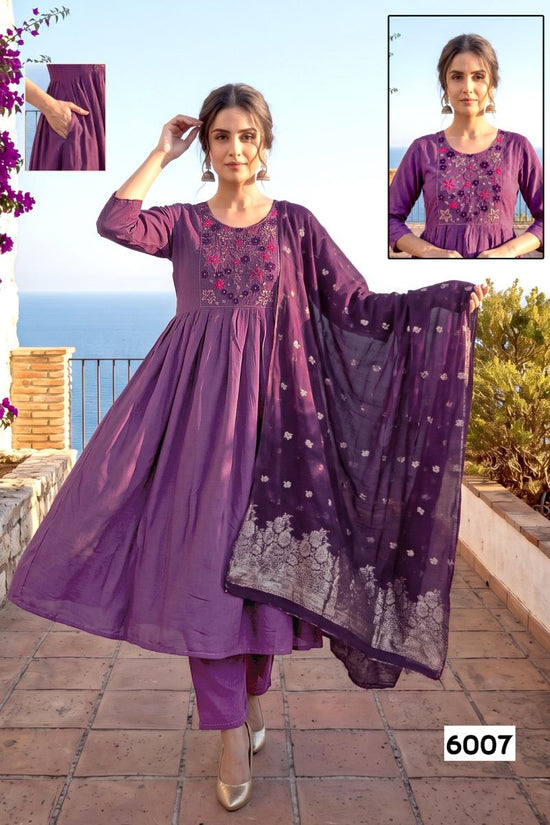 Amrah Wholesale Trisha D No 6001 To 08 Roman Silk Embroidered Kurti Pant Dupatta Set