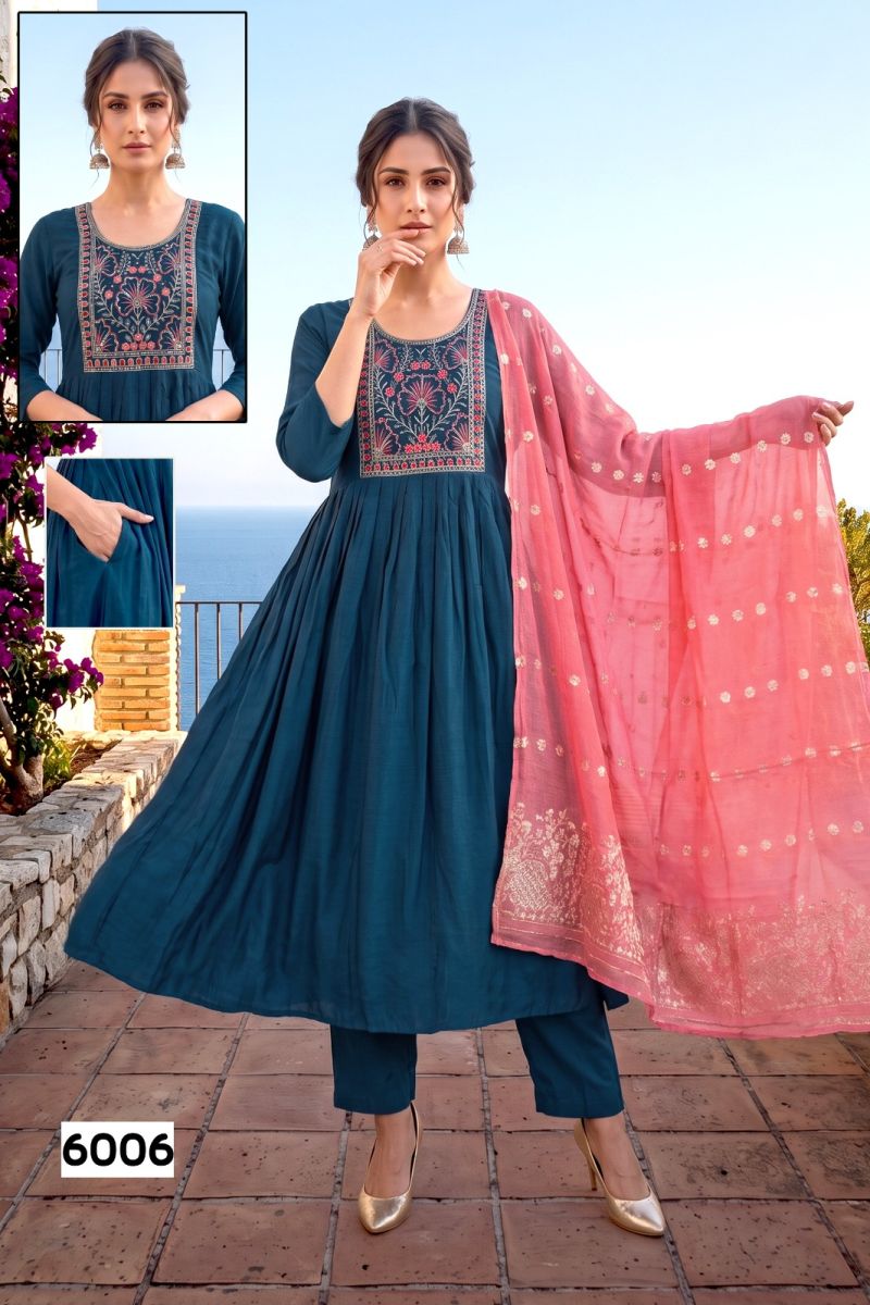 Amrah Wholesale Trisha D No 6001 To 08 Roman Silk Embroidered Kurti Pant Dupatta Set