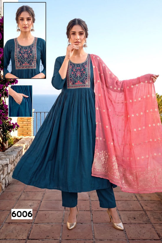 Amrah Wholesale Trisha D No 6001 To 08 Roman Silk Embroidered Kurti Pant Dupatta Set