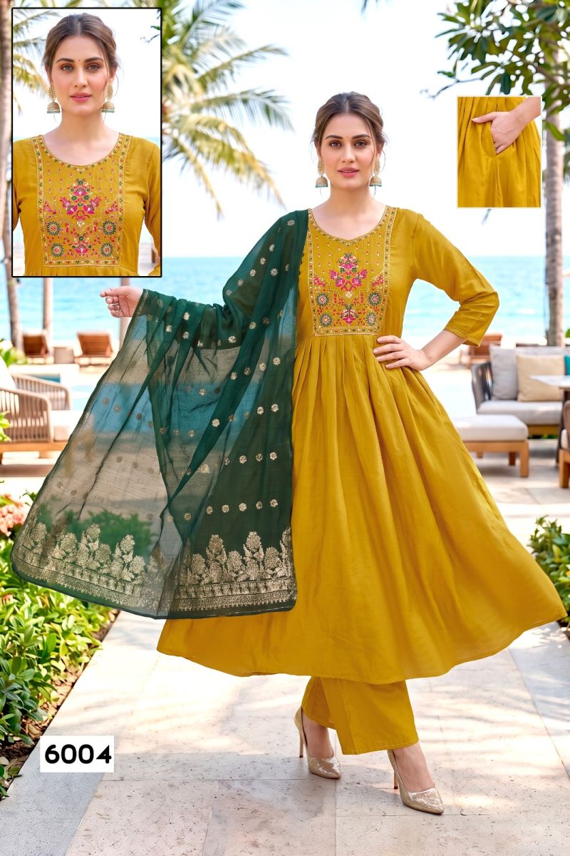 Amrah Wholesale Trisha D No 6001 To 08 Roman Silk Embroidered Kurti Pant Dupatta Set