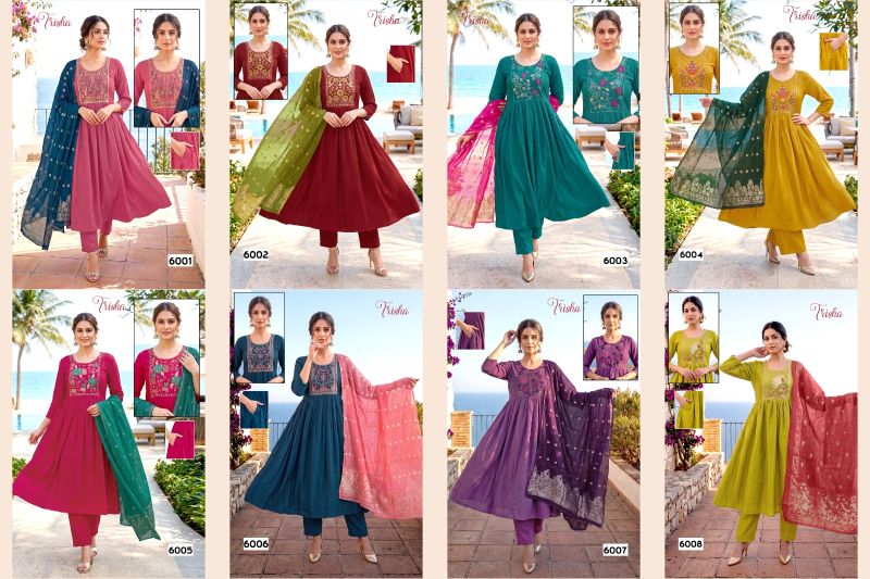 Amrah Wholesale Trisha D No 6001 To 08 Roman Silk Embroidered Kurti Pant Dupatta Set