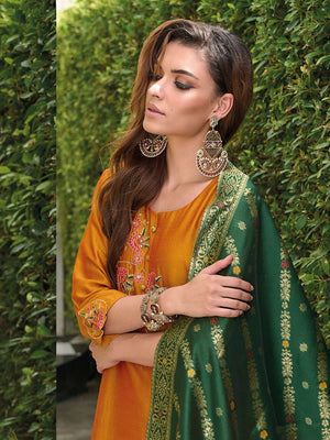Amrah Wholesale Vp 9480 Mustard Vichitra Silk Kurti Pant Dupatta Set - Amrah Wholesale