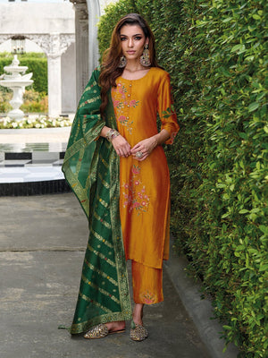 Amrah Wholesale Vp 9480 Mustard Vichitra Silk Kurti Pant Dupatta Set - Amrah Wholesale