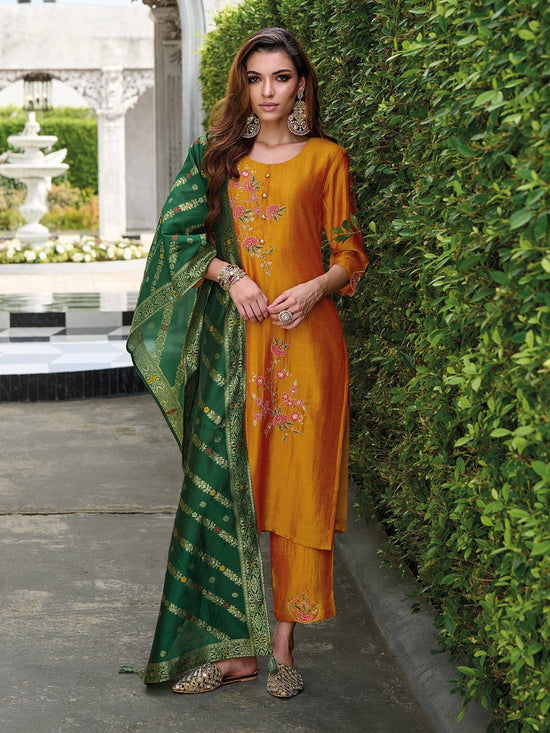 Amrah Wholesale Vp 9480 Mustard Vichitra Silk Kurti Pant Dupatta Set - Amrah Wholesale