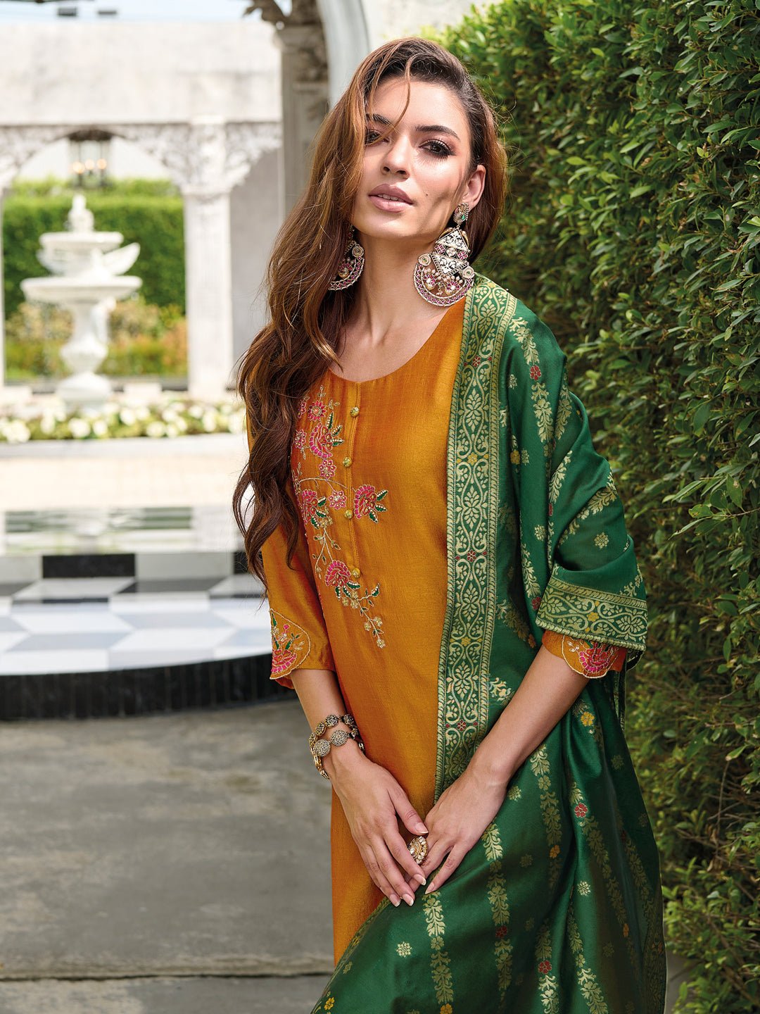 Amrah Wholesale Vp 9480 Mustard Vichitra Silk Kurti Pant Dupatta Set - Amrah Wholesale
