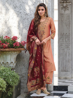 Amrah Wholesale Vp 9480 Peach Vichitra Silk Kurti Pant Dupatta Set - Amrah Wholesale