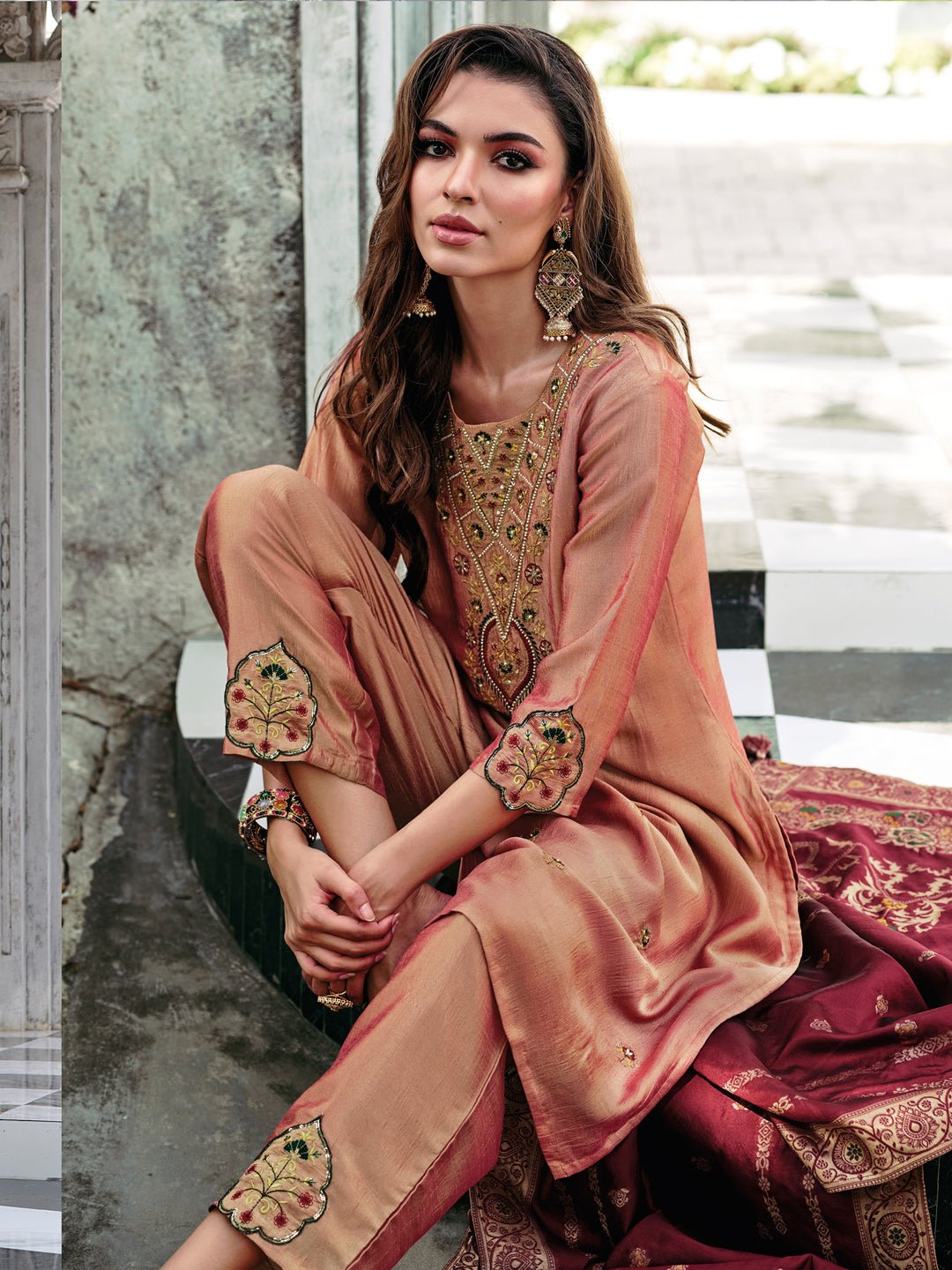 Amrah Wholesale Vp 9480 Peach Vichitra Silk Kurti Pant Dupatta Set - Amrah Wholesale