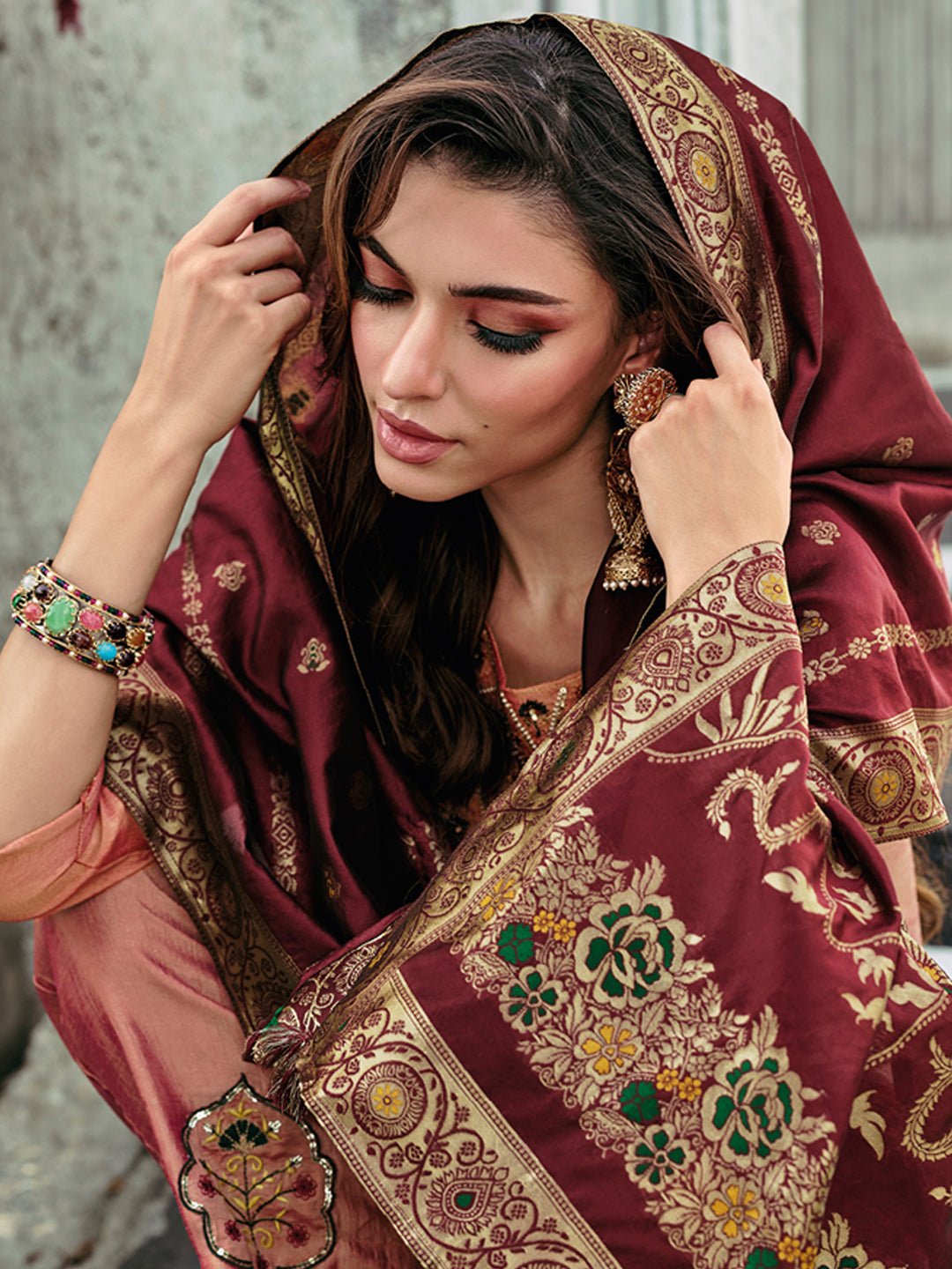 Amrah Wholesale Vp 9480 Peach Vichitra Silk Kurti Pant Dupatta Set - Amrah Wholesale