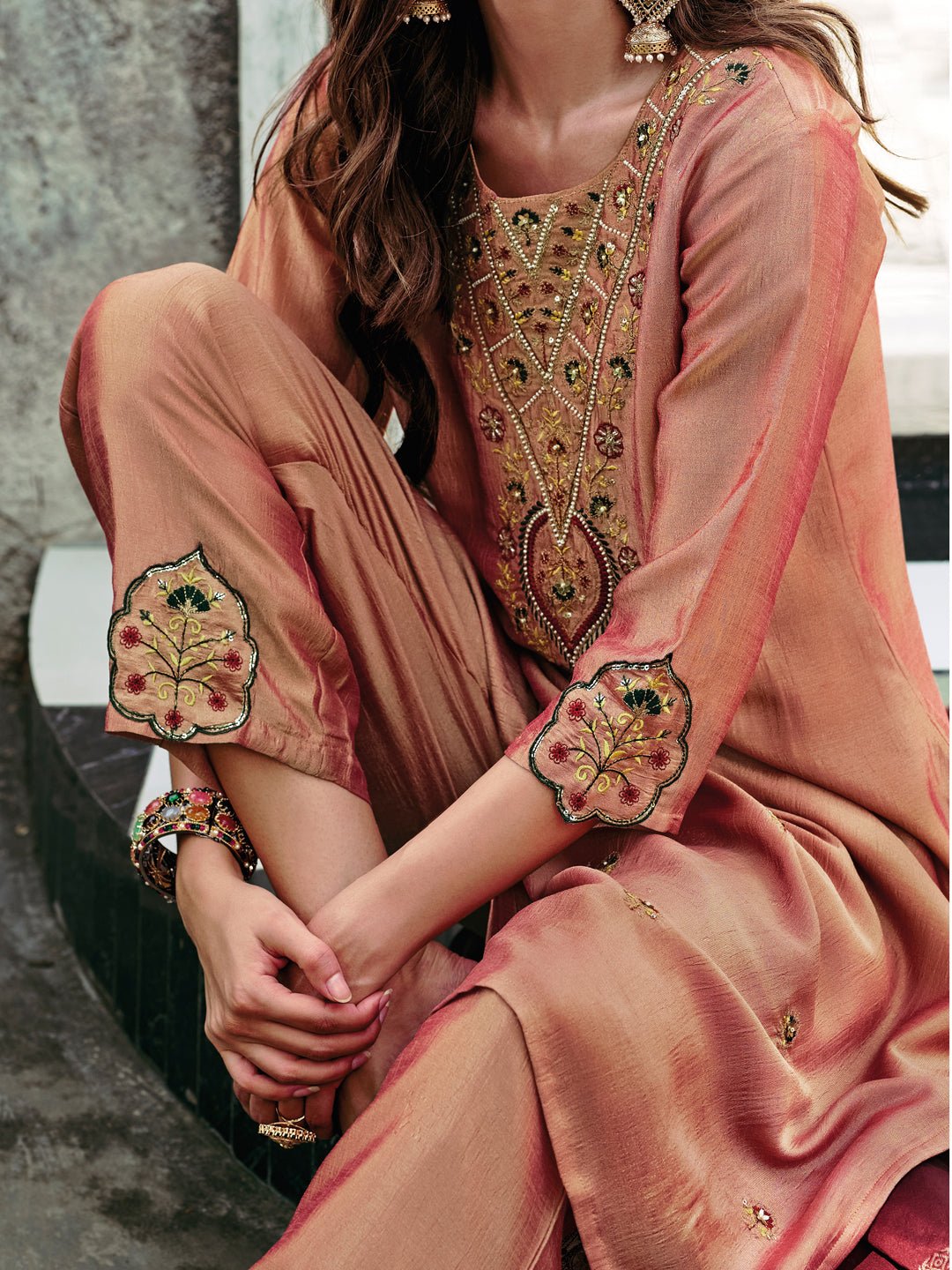 Amrah Wholesale Vp 9480 Peach Vichitra Silk Kurti Pant Dupatta Set - Amrah Wholesale