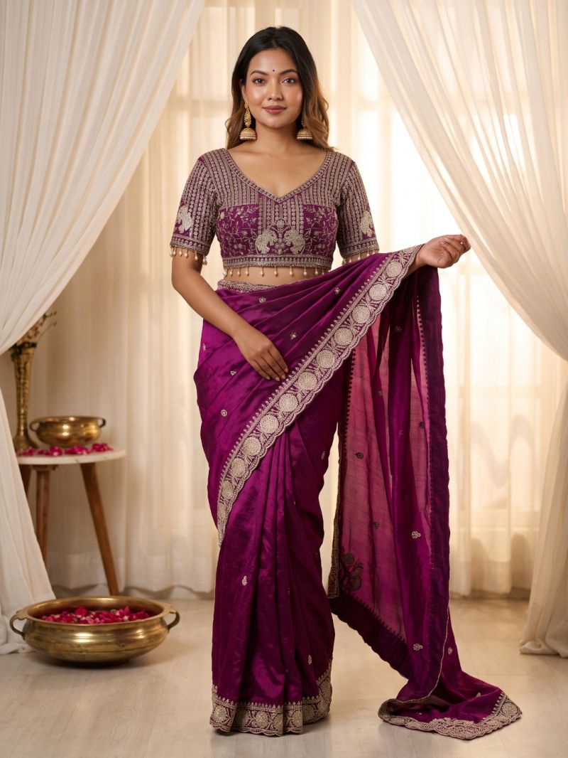 Amrah Wholesale VT 900 T Pure Fandy Satin Embroidered Saree