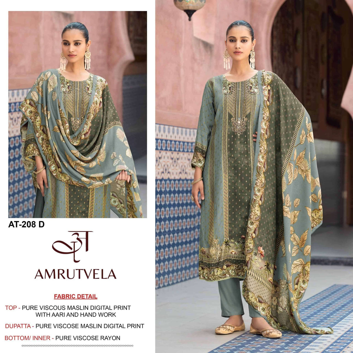Amrutvela AT-208 Viscose Muslin Embroidered Semi Stitched Pakistani Suit - Amrah Wholesale