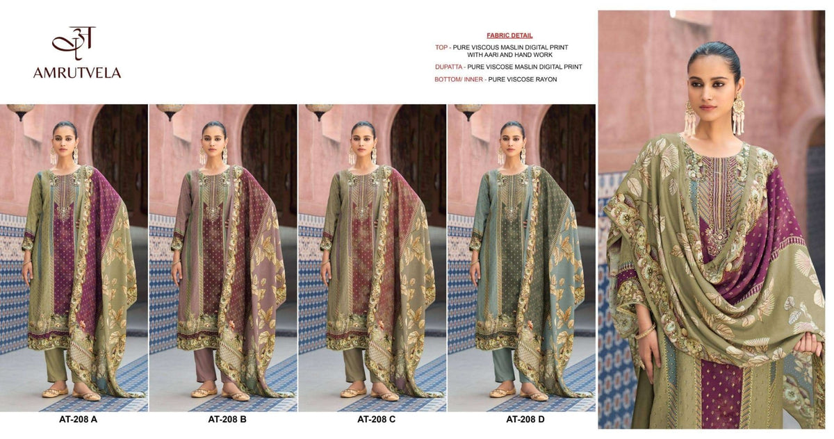 Amrutvela AT-208 Viscose Muslin Embroidered Semi Stitched Pakistani Suit - Amrah Wholesale