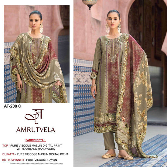 Amrutvela AT-208 Viscose Muslin Embroidered Semi Stitched Pakistani Suit - Amrah Wholesale