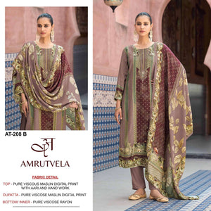 Amrutvela AT-208 Viscose Muslin Embroidered Semi Stitched Pakistani Suit - Amrah Wholesale