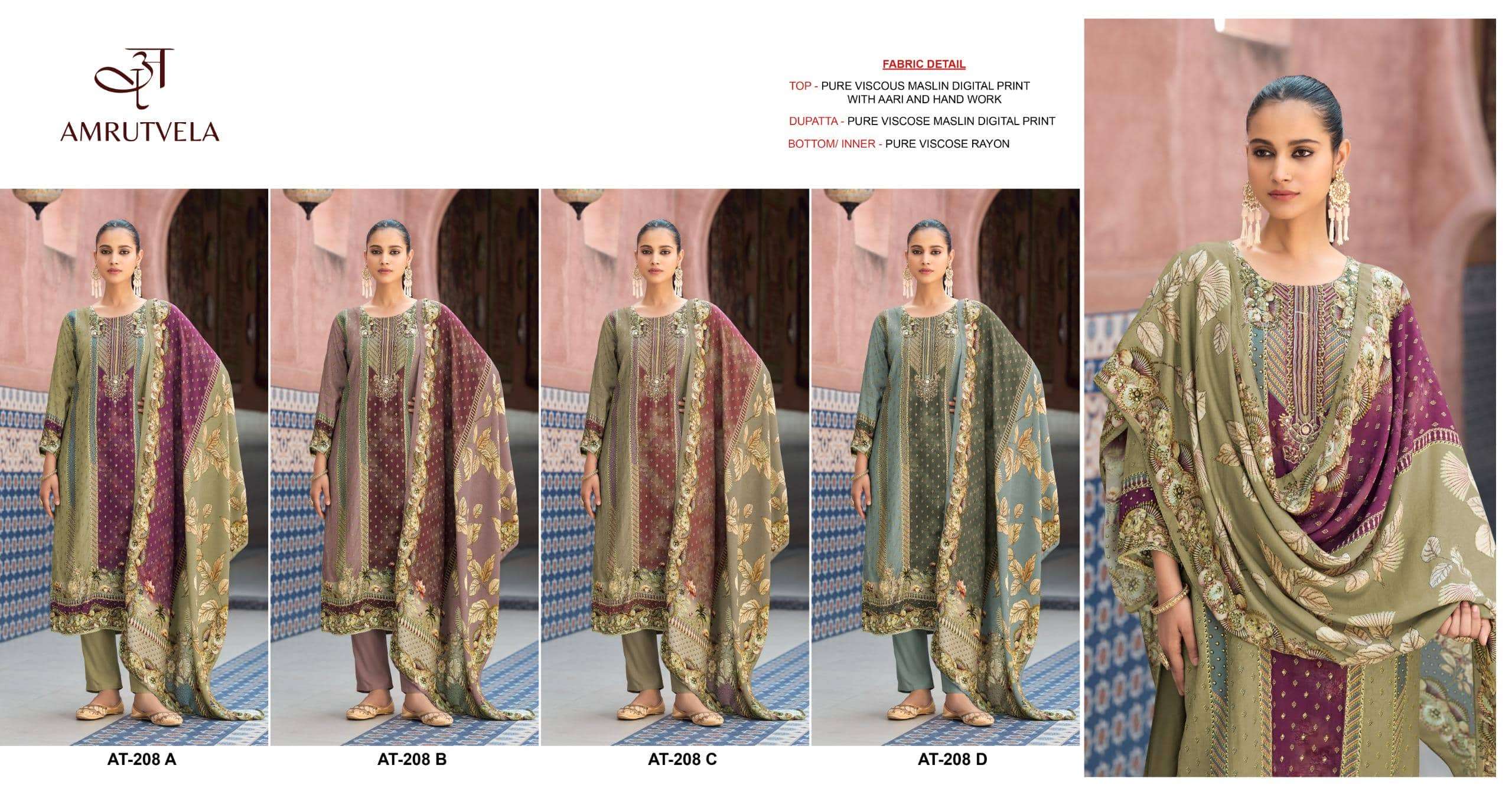Amrutvela AT-208 Viscose Muslin Embroidered Semi Stitched Pakistani Suit