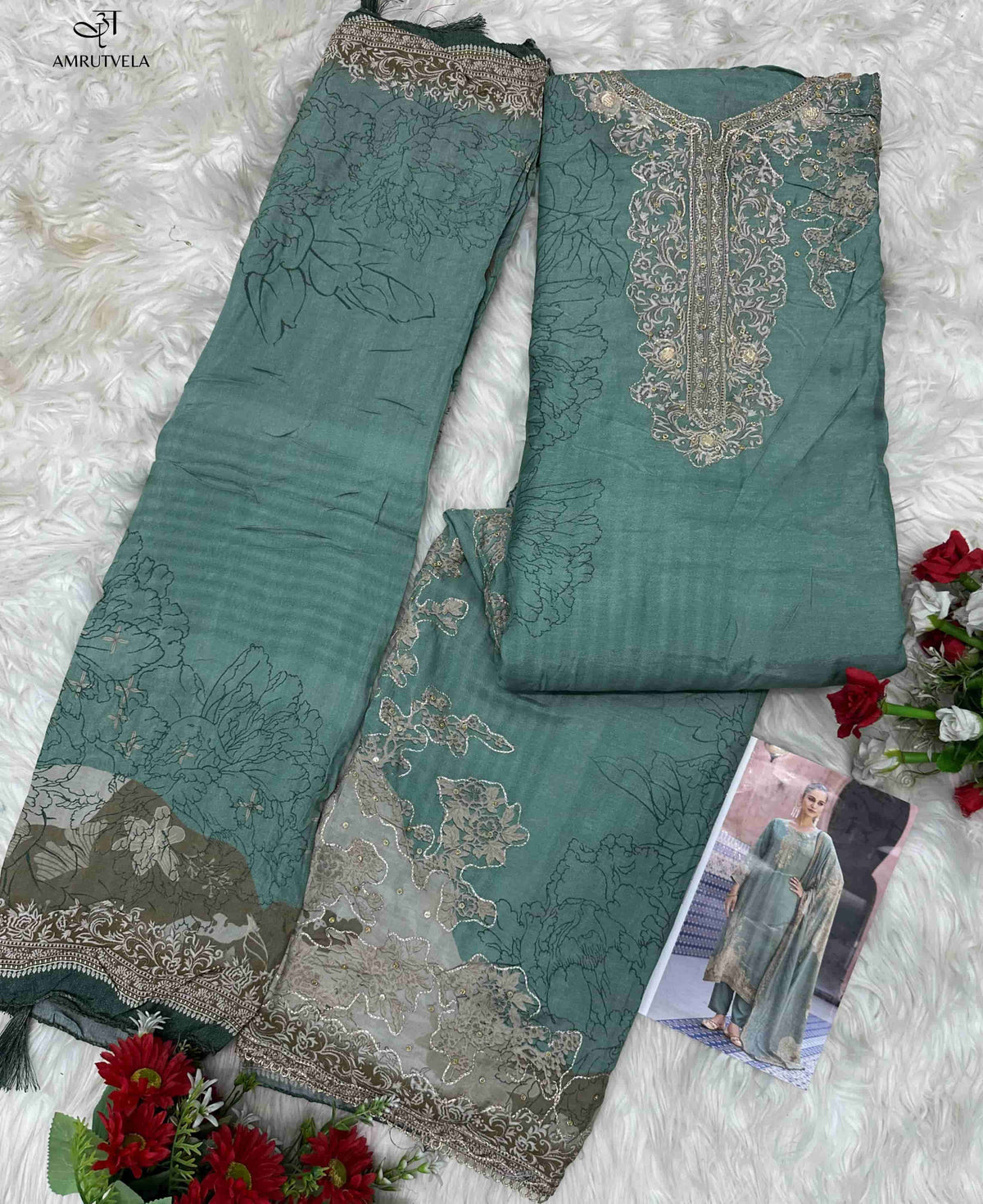 Amrutvela AT - 210 Salwar Suit Set Viscose Muslin Embroidery Wholesale - Amrah Wholesale