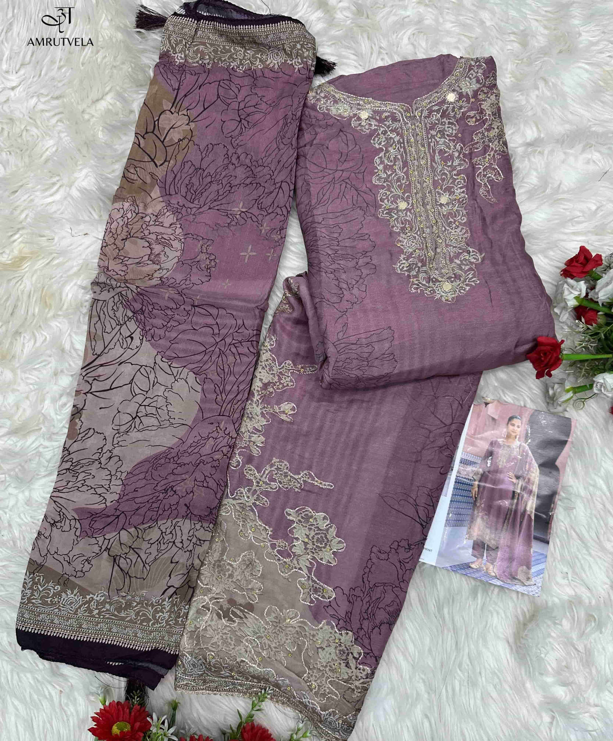 Amrutvela AT - 210 Salwar Suit Set Viscose Muslin Embroidery Wholesale - Amrah Wholesale