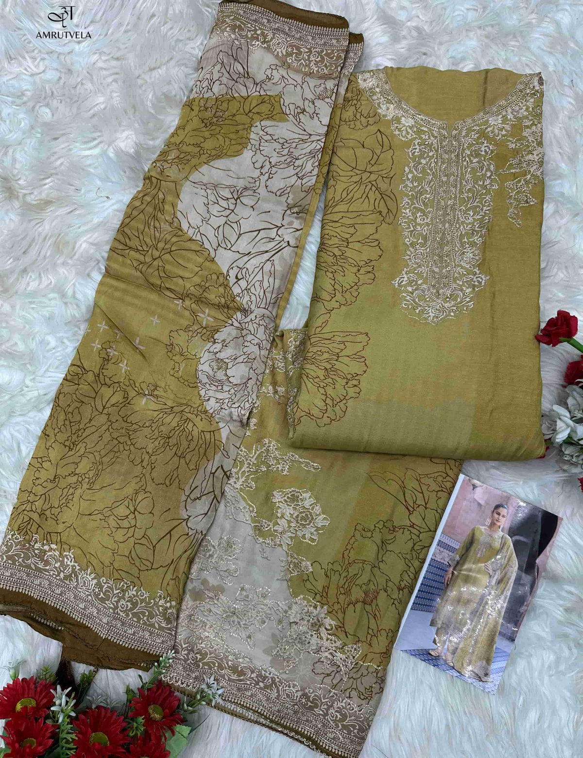Amrutvela AT - 210 Salwar Suit Set Viscose Muslin Embroidery Wholesale - Amrah Wholesale