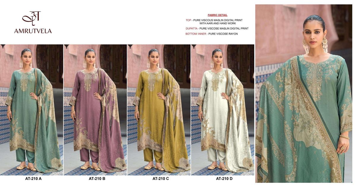 Amrutvela AT - 210 Salwar Suit Set Viscose Muslin Embroidery Wholesale - Amrah Wholesale