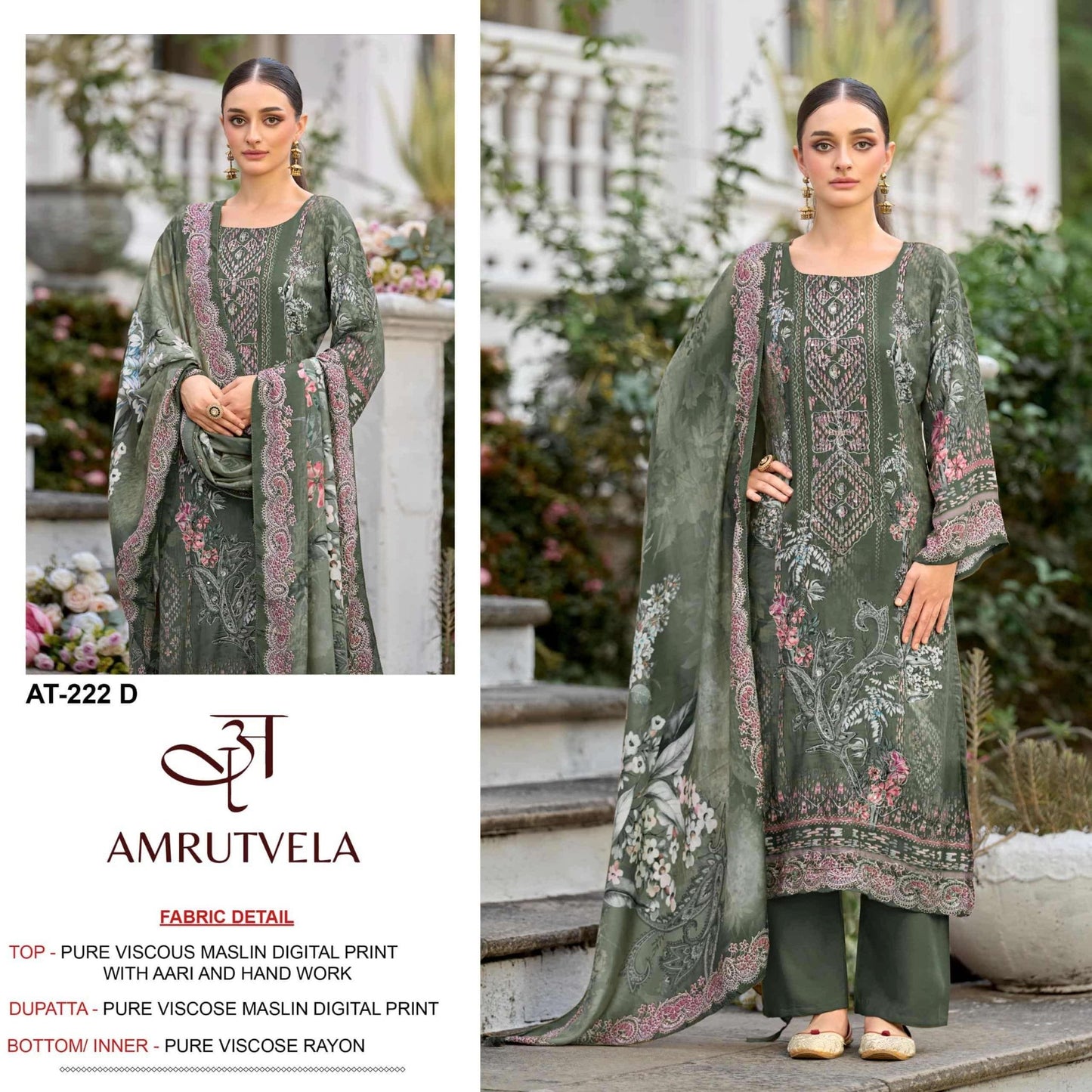 AMRUTVELA AT-222 Viscose Muslin Embroidered Pakistani Suit - Amrah Wholesale