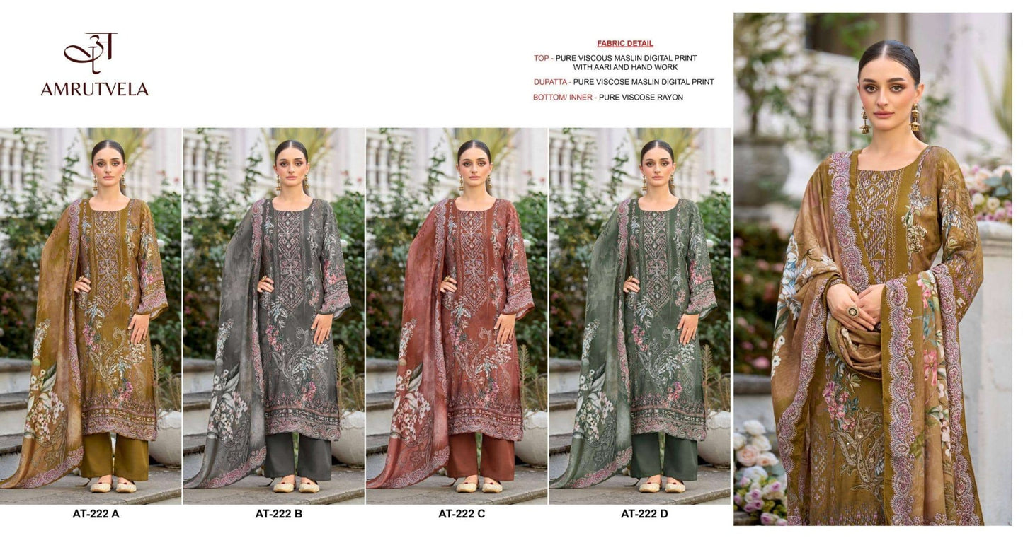 AMRUTVELA AT-222 Viscose Muslin Embroidered Pakistani Suit - Amrah Wholesale