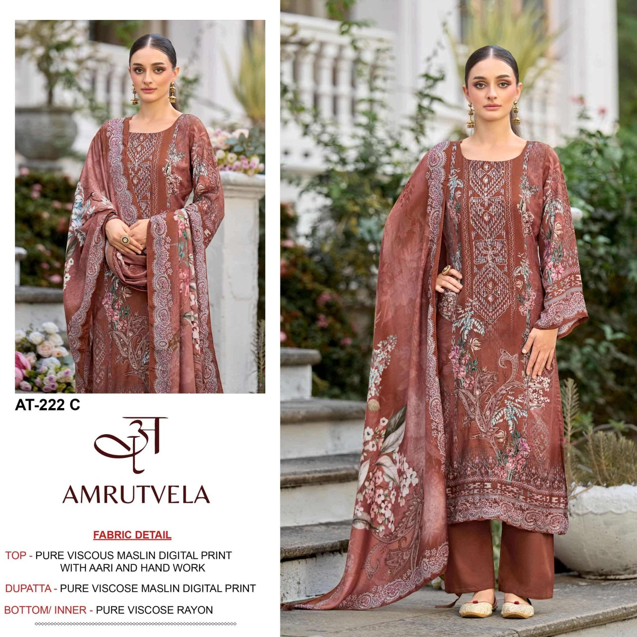 AMRUTVELA AT-222 Viscose Muslin Embroidered Pakistani Suit - Amrah Wholesale
