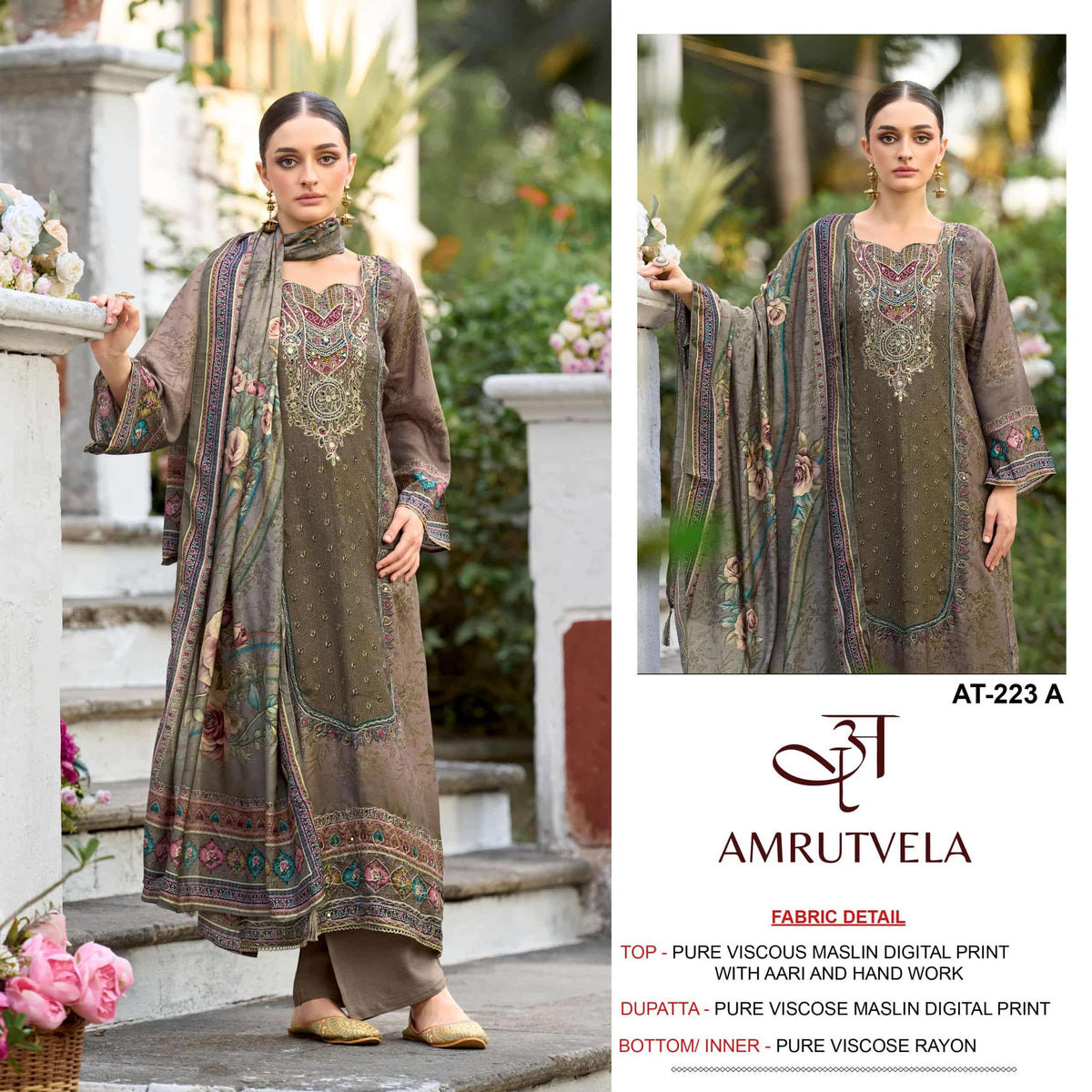 Amrutvela AT-223 Viscose Muslin Embroidery Pakistani Suit