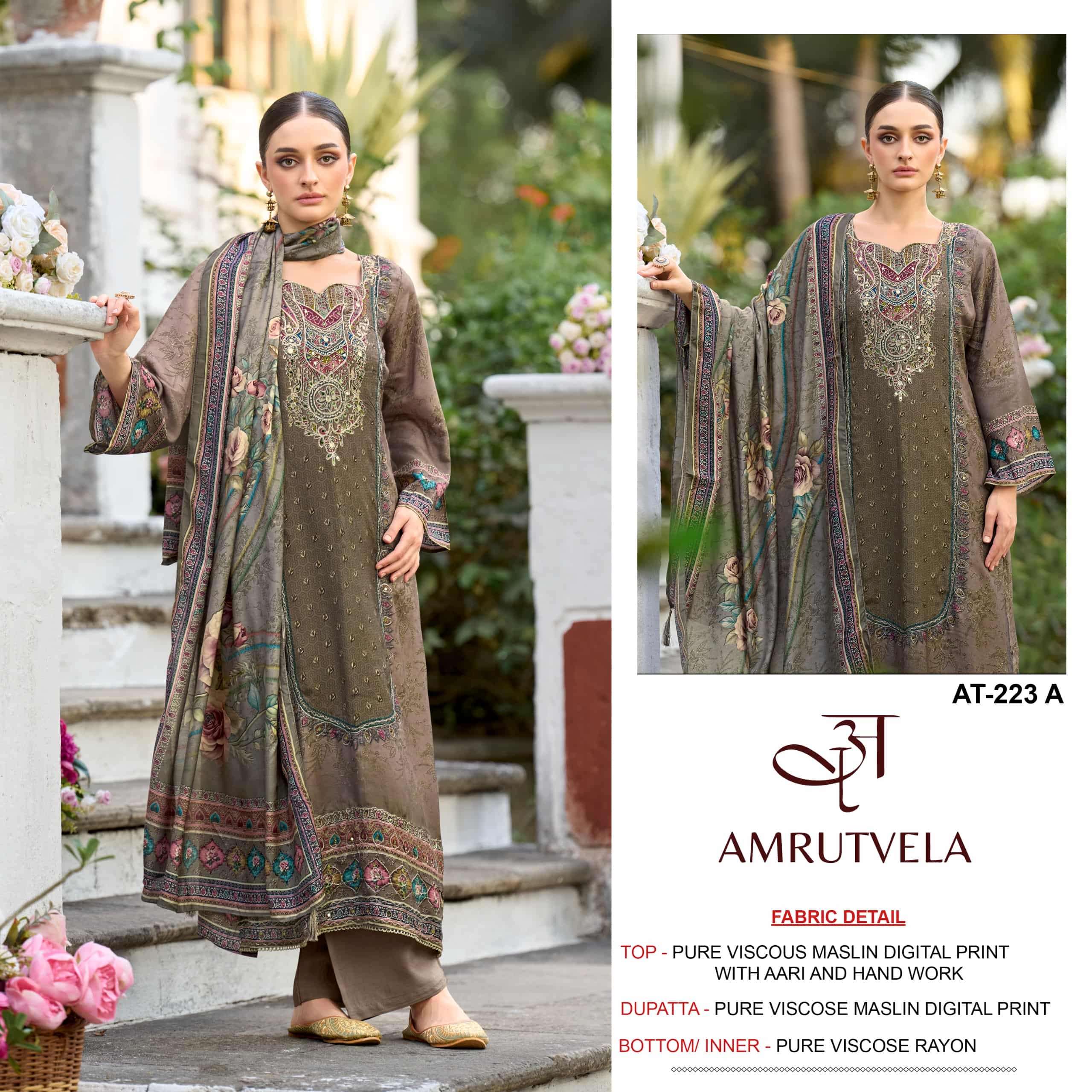 Amrutvela AT-223 Viscose Muslin Embroidery Pakistani Suit