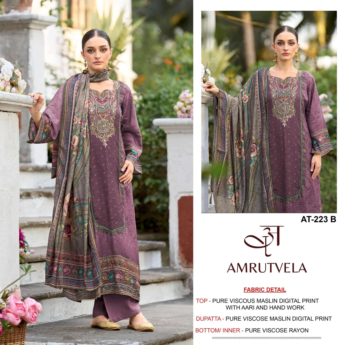 Amrutvela AT-223 Viscose Muslin Embroidery Pakistani Suit