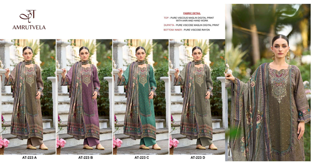 Amrutvela AT-223 Viscose Muslin Embroidery Pakistani Suit